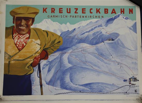 Three vintage ski posters, all for Kreuzeck, Garmisch Partenkirschen,